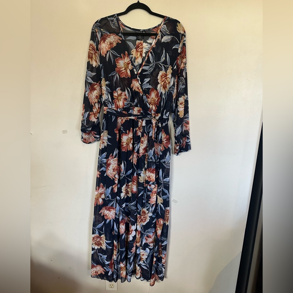 Navy Floral Wrap Maxi Dress with Tie Waist - Picture 3 of 5